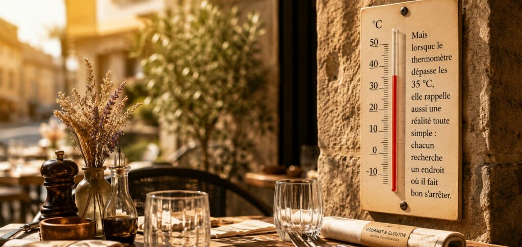Terrasse d'un restaurant à Chaudes-Aigues lors d'une journée de fortes chaleurs, illustrant la recherche d'un lieu agréable et confortable pendant l'été.