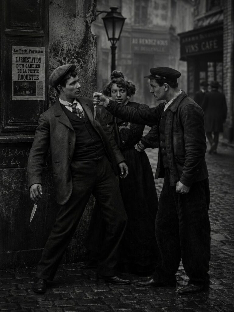Affrontement entre deux Apaches rivaux sous le regard de Casque d'Or dans le Paris populaire de la Belle Époque.