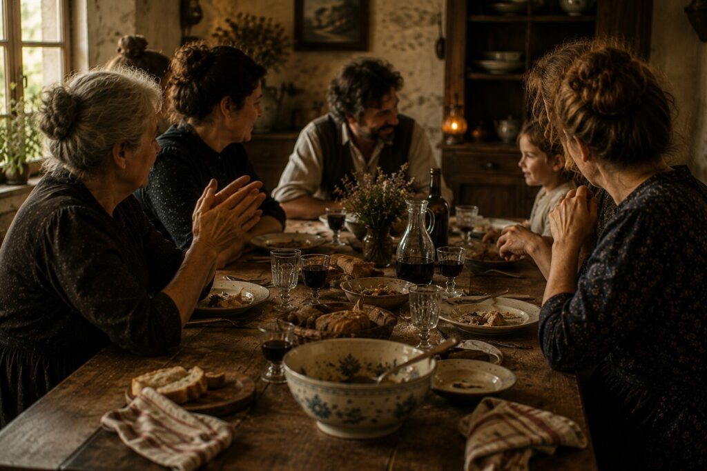 Famille réunie autour d'une grande table après un repas dans une maison traditionnelle