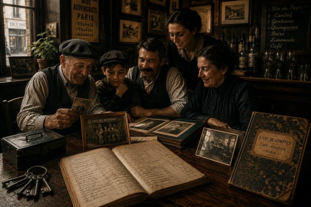 Transmission familiale autour d’archives, de photographies et de souvenirs liés aux cafés des bougnats, illustrant l’héritage des familles auvergnates et des entreprises familiales