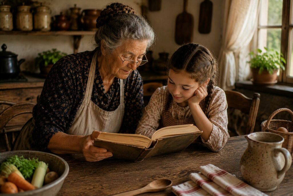 Grand-mère transmettant un ancien livre de recettes à sa petite-fille dans une cuisine familiale traditionnelle