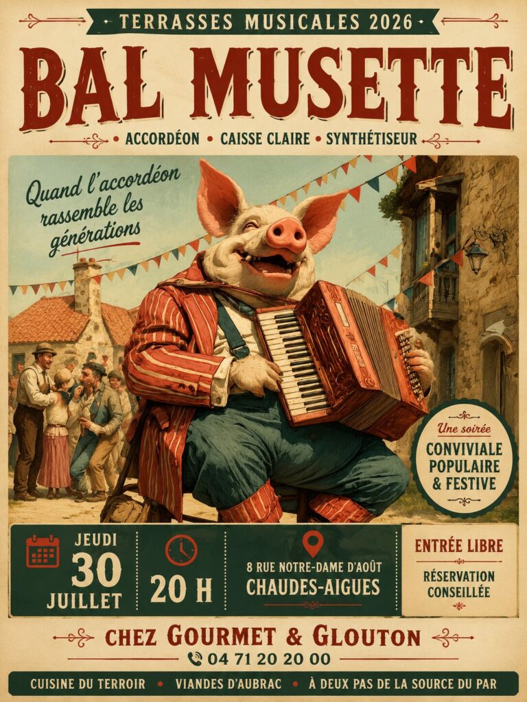Affiche du bal musette à Chaudes-Aigues organisé chez Gourmet & Glouton le 30 juillet 2026 dans le cadre des Terrasses Musicales 2026.