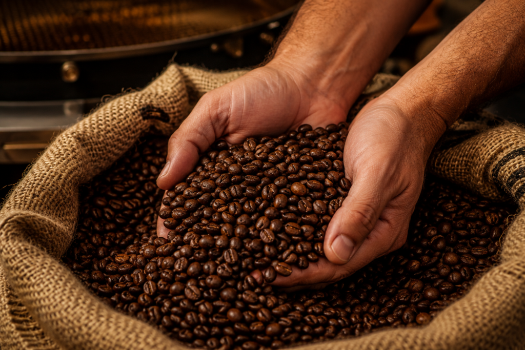 Mains plongeant dans des grains de café Arabica torréfiés