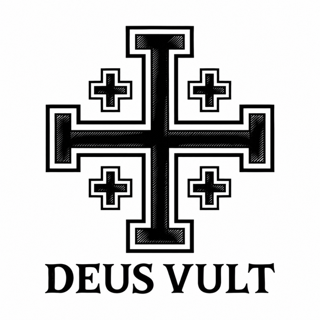 Croix de Jérusalem noire accompagnée de la devise latine Deus Vult