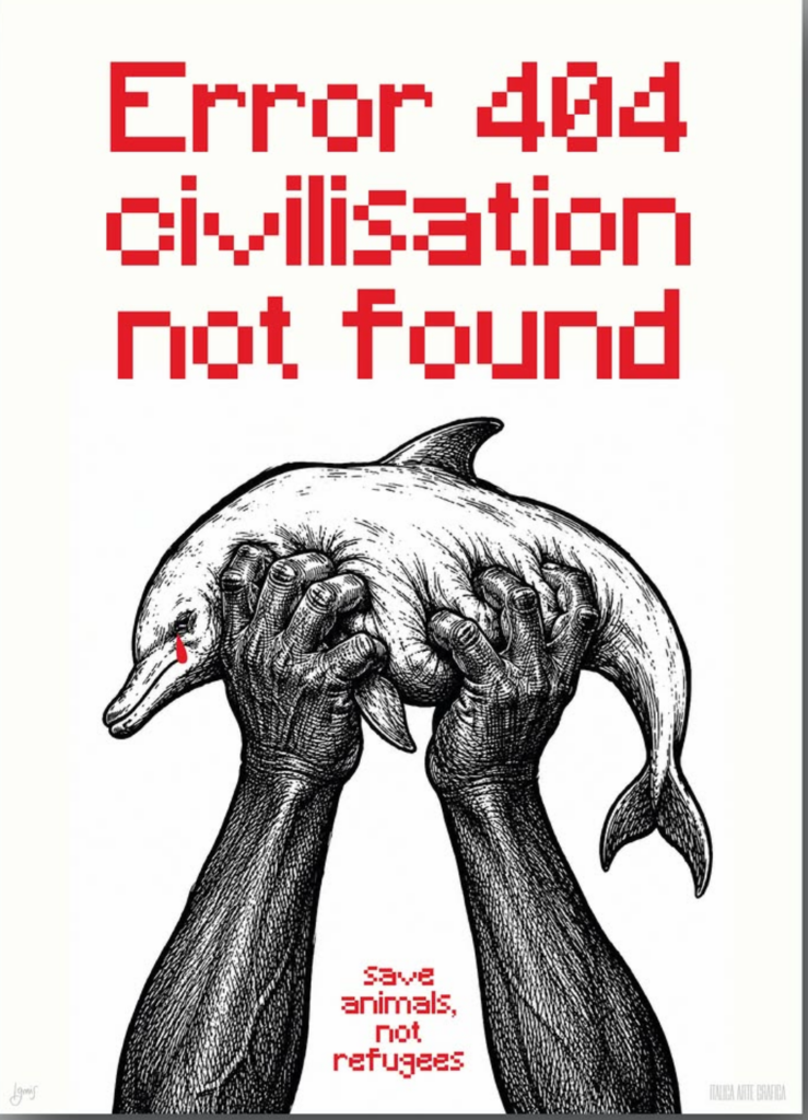 Affiche Error 404 civilisation not found montrant un dauphin blessé tenu entre deux mains, illustration d’une analyse sur l’invasion migratoire à Ceuta