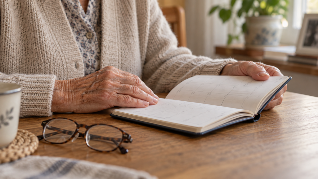 Mains d’une personne âgée posées sur un agenda ouvert, avec des lunettes sur la table.