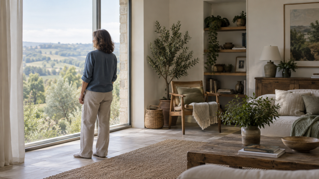 Femme vue de dos devant une grande fenêtre donnant sur un paysage de campagne.