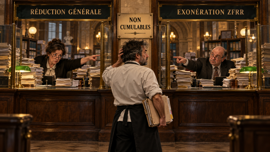 Un restaurateur hésite entre les guichets « Réduction générale » et « Exonération ZFRR », sous un panneau « Non cumulables ».