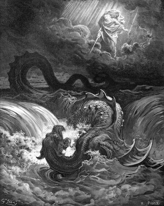 Gravure de Gustave Doré montrant le Léviathan terrassé dans les eaux sous une lumière traversant les ténèbres