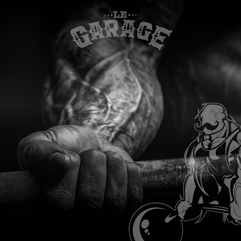 Main serrant une barre de musculation au Garage à Chaudes-Aigues
