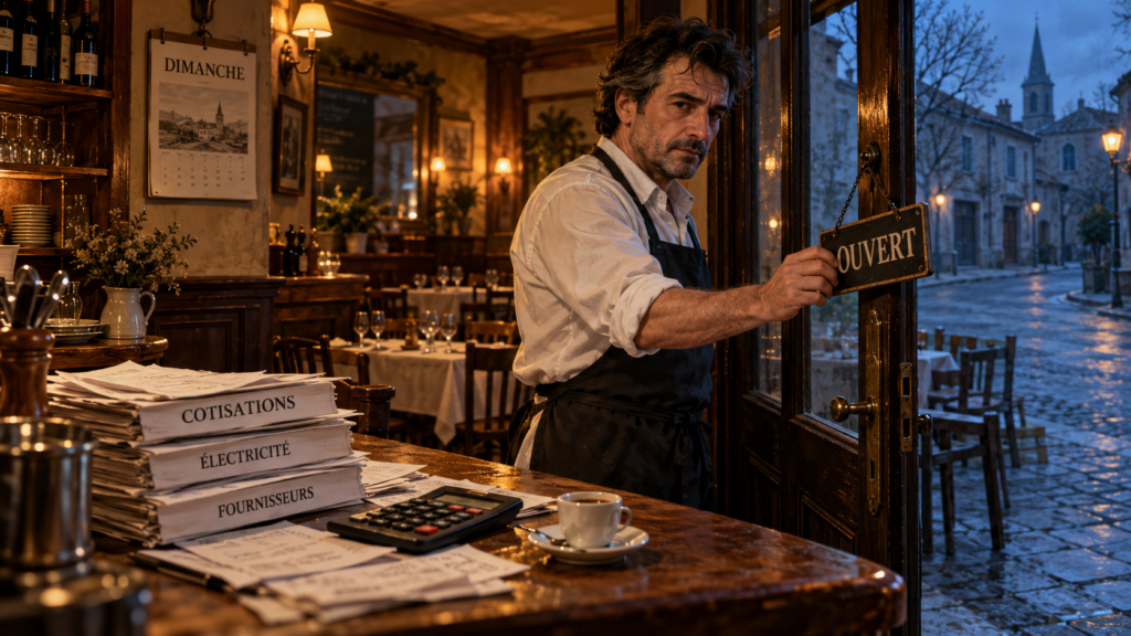 Un restaurateur affiche « Ouvert » le dimanche, près de piles de factures marquées « Cotisations », « Électricité » et « Fournisseurs ».