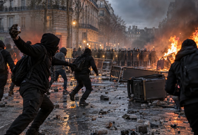 Individus cagoulés lançant des projectiles face aux forces de l’ordre dans une rue de Lyon envahie par les flammes et la fumée